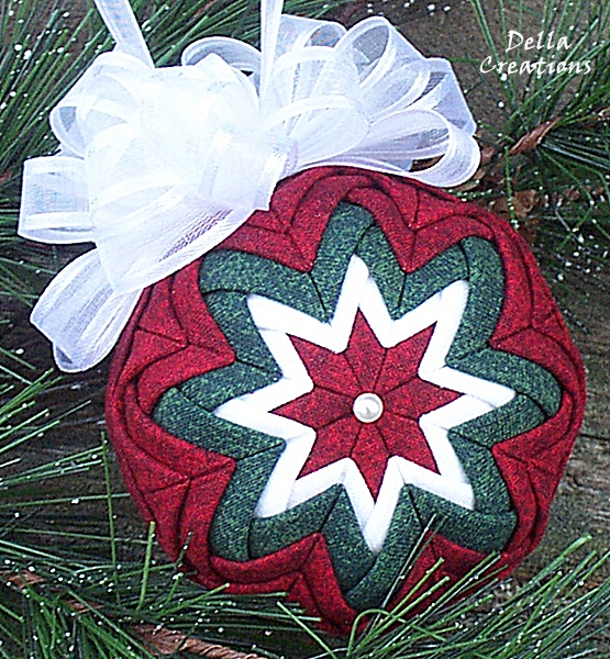 2.5" Quilted Ornament - Dark Red, Dark Green, and White Fabric w/White Bow