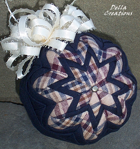 3-inch Quilted Ornament - Navy Blue w/Burgundy, Blue, and Tan Checked Homespun with Cream Satin Bow