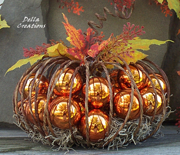 Rustic 8" Diameter Wire Pumpkin Filled With Shiny Burnt Orange Colored
